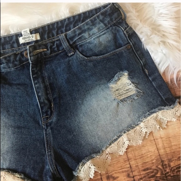 Forever 21 Pants - F21 Lace Trim Denim Shorts Crochet Jean Shorts
